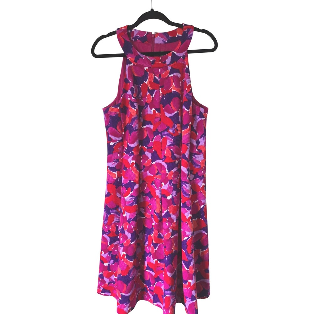 Pappagallo Womens 14 Shift Dress Pink Floral Halter Neck Resortwear Pleated